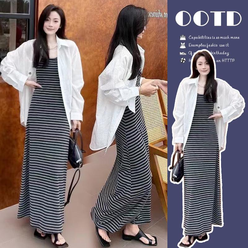 2026 Spring/Summer Korean Relaxed Fit Striped Maternity Shirt & Dress Set XL