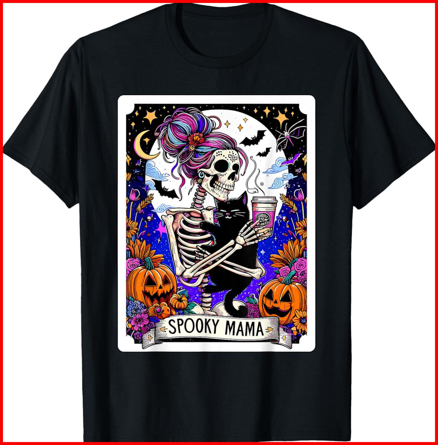 Spooky Mama Tarot Card Halloween Mom Skull Mama Black Cat black T-Shirt S-5XL XXL