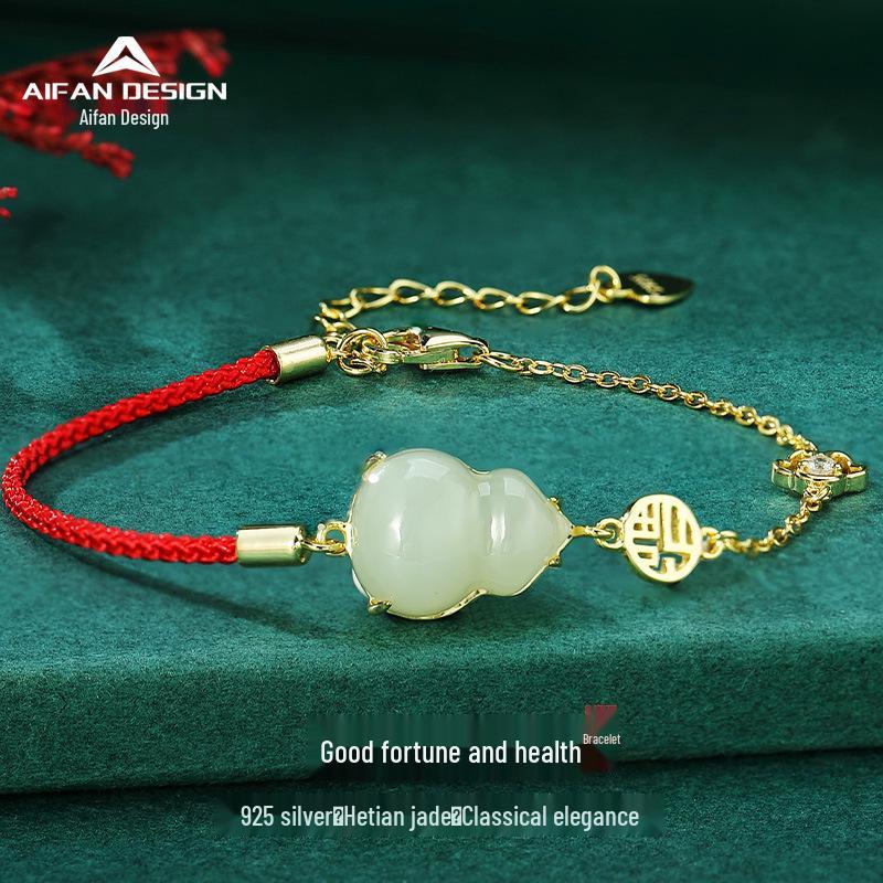National Trend Hetian Jade Gourd Bracelet with S925 Sterling Silver Chinese Peace Blessing, Ancient Style Red Rope Jewelry