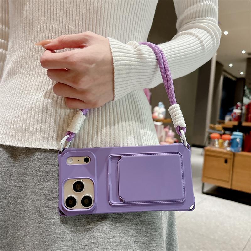 Short Rope Lanyard Phone Case For iPhone 17 Air 16 15 14 Plus 13 12 Mini 11 Pro Max X XR XS Max Card Clip Wallet Soft TPU Cover