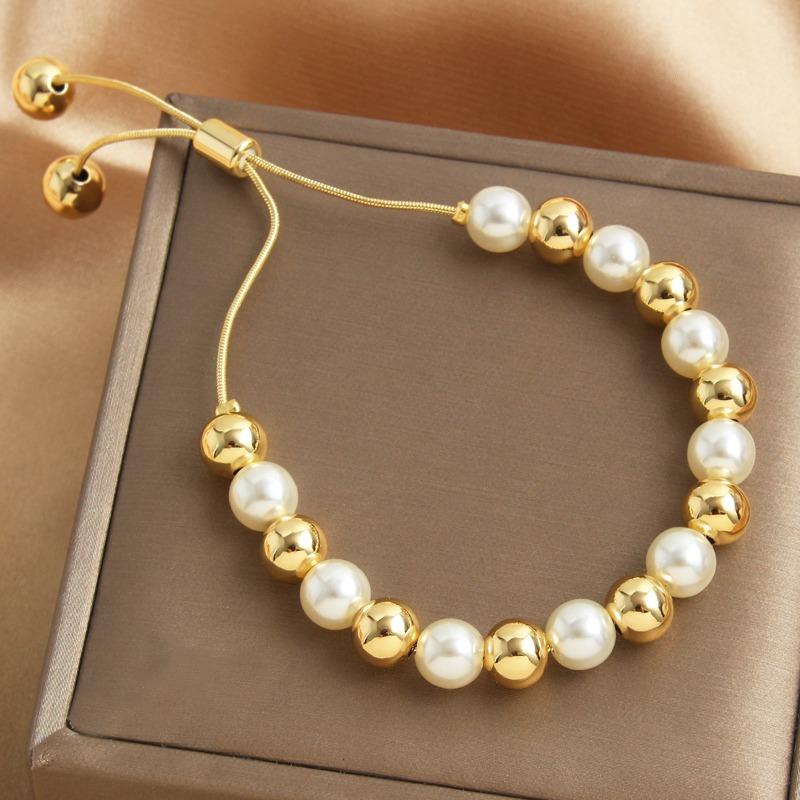 Pearl Stacked Bracelet, 18k Gold Plated, Pull-through Adjustable Bangle, Fashionable and Exquisite Jewelry