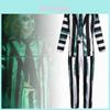 Elegante Costume Cosplay di Beetlejuice con Strisce Verdi Nere Bianche Tessuto Morbido