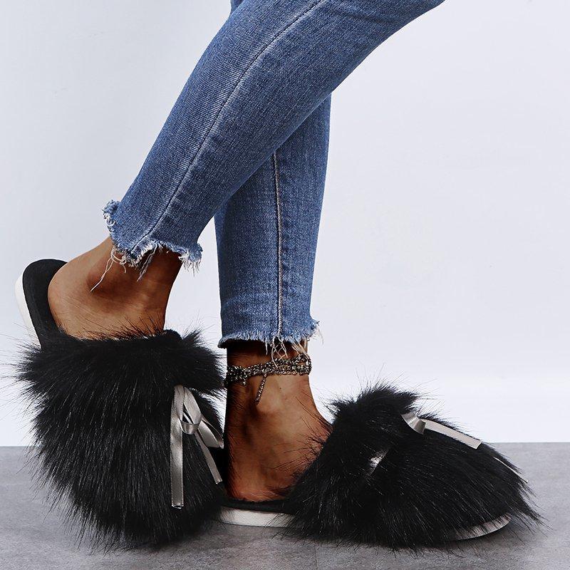 Fashion Sweet Bowknot Mix Color Faux Fur Slides Women 2025 Autumn Warm Short Plush Outdoor Slippers Soft Sole Cotton Mules Slippers