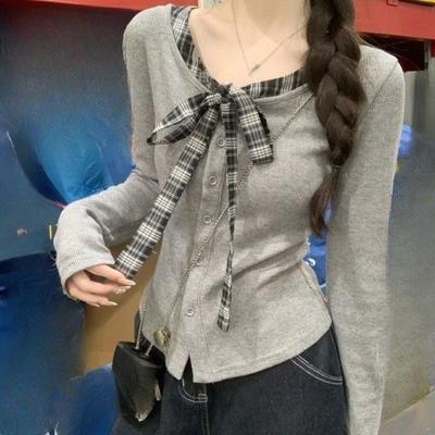 Bow Design Women's Cardigan Korean Style V-neck Spliced Lace Up Single Breasted Famale Sweater Autumn Fashionable Loose Comfortable Ladies Top