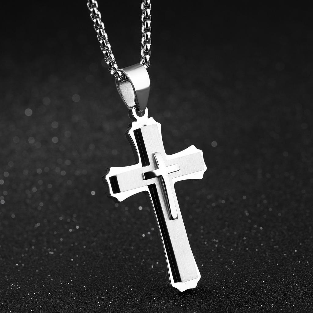 3D Cross Pendant Necklace Titanium Steel Fade Resistant Mens Jewelry Accessory