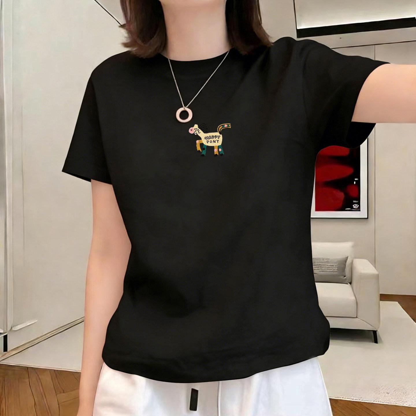 

2026 Spring/Summer Women s Cartoon Print Cotton White Short-Sleeve T-shirt, Loose Fit, Round Neck. 4XL
