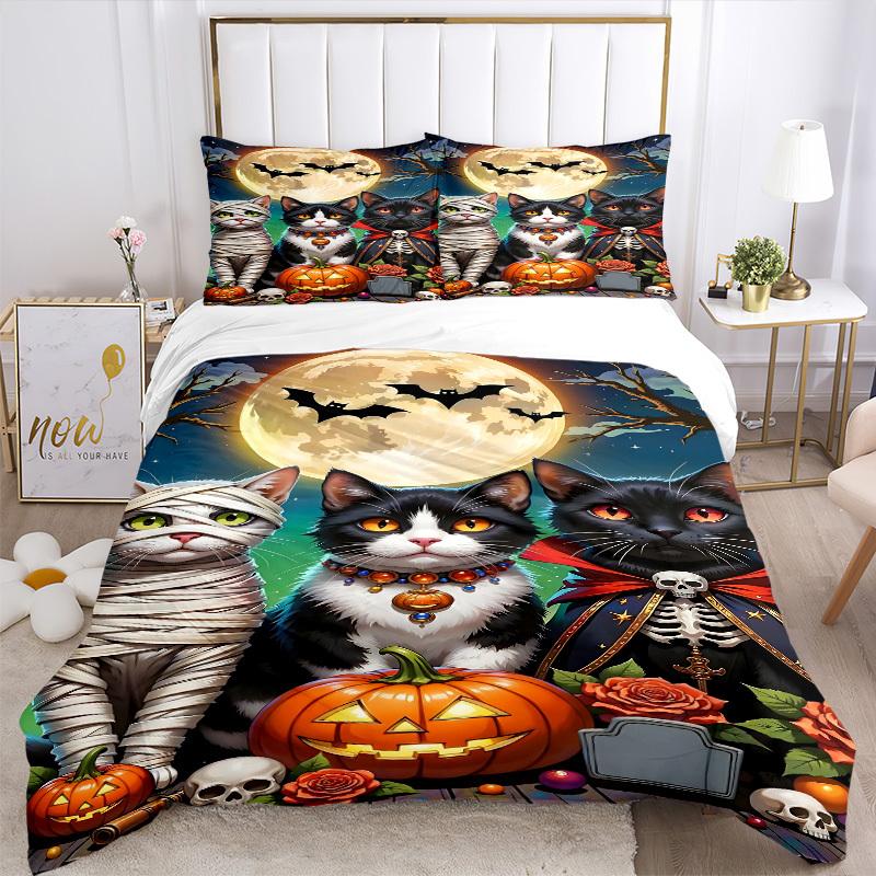 3pcs Halloween Cats Duvet Cover Set, Cover For Bedroom Guest Room (1 Duvet Cover + 2 Pillowcase, Without Quilt),  yy250922130