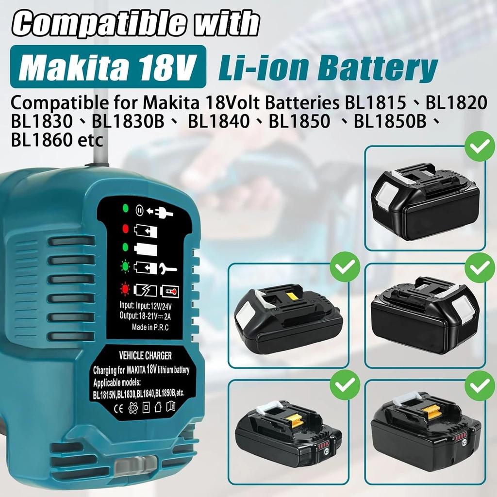 For Makita 18V Lithium Battery Charger With Cigarette Lighter Plug LED Indicator Mini Vehicle Charger for Makita BL1850 BL1830