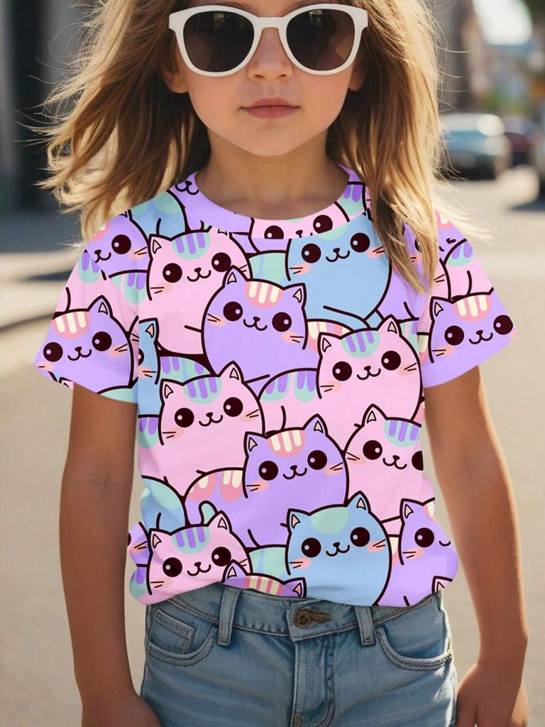 Abbigliamento Bambina Estate T-shirt con Stampa 3D Grafica Gatto Kawaii Vestiti per Bambine Esterni Manica Corta Casual Top per Bambine