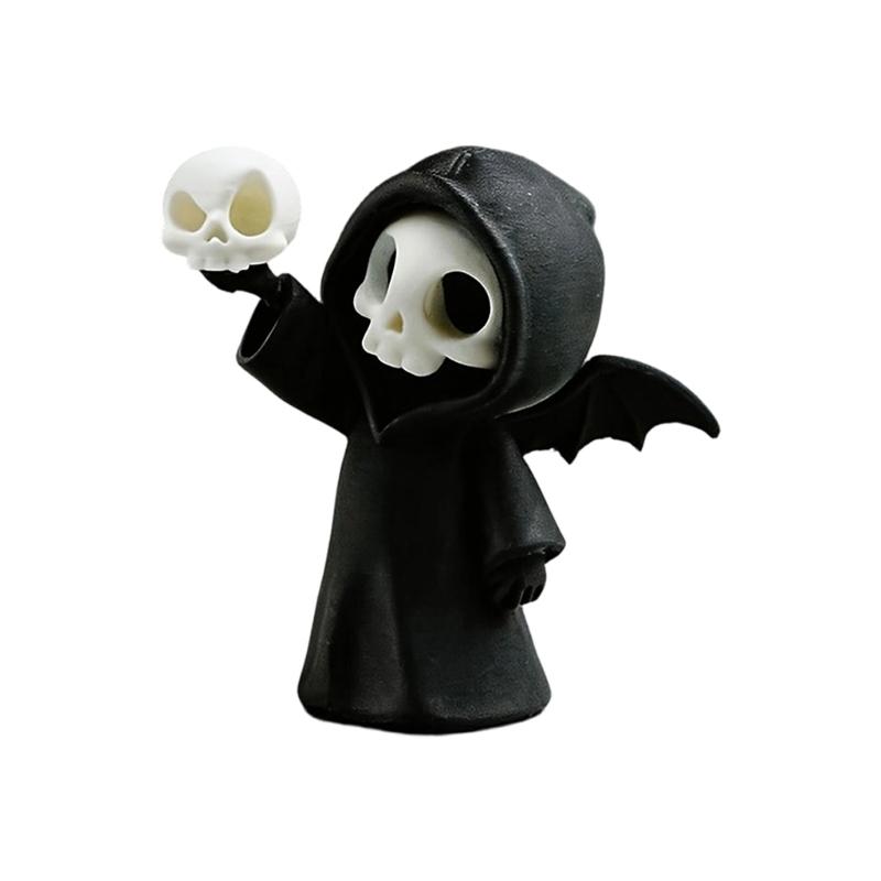 Small Table Decorative Figure with Hooded Skull Character, Collector Shelf Piece for Desk Display and Themed Styling