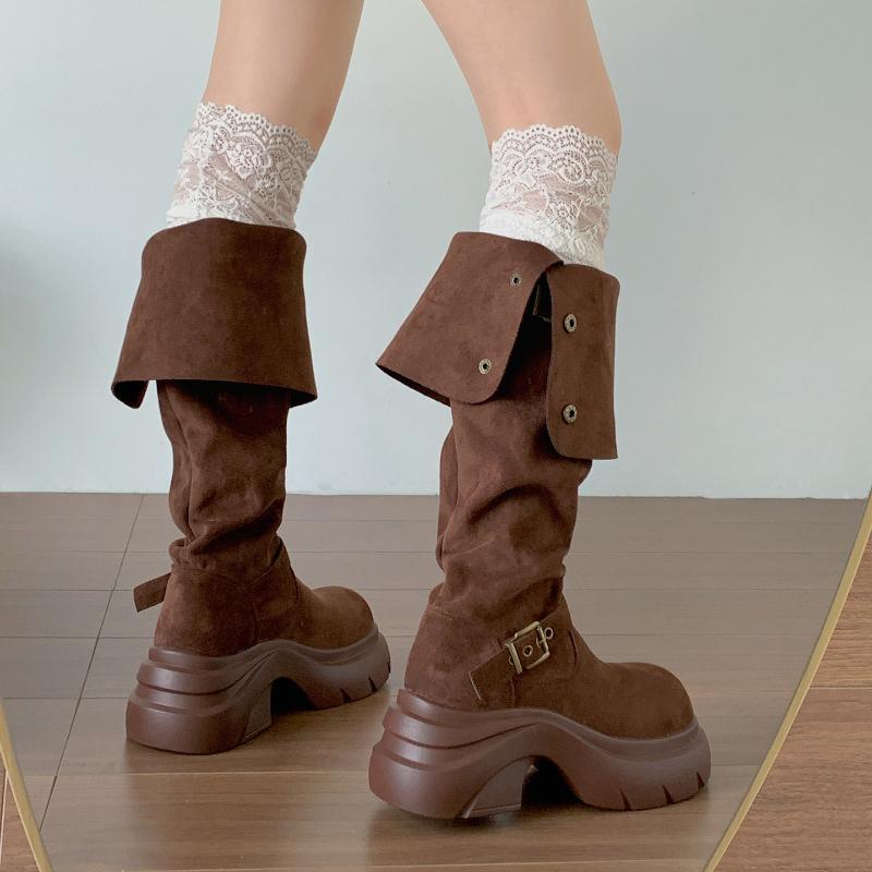 Winter Vintage Platform Thick Sole Woman Knight Boots Fashion Belt Buckle Slip On Shoes Punk Style Height Increase Long Booties