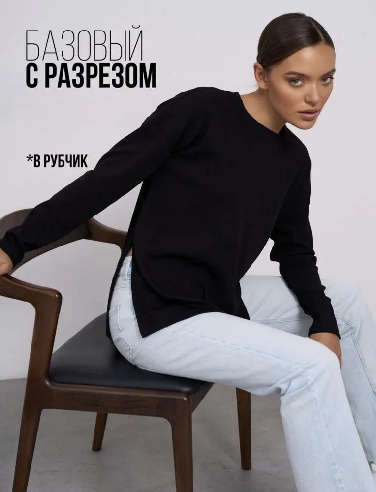 Хлопковая толстовка, базовая футболка, с длинным рукавом, с разрезом снизу, базовая футболка S чёрный