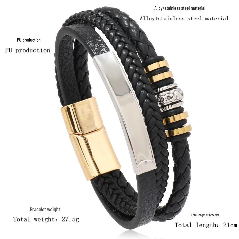 Beliebtes mehrlagiges Lederarmband für Herren mit Akzenten aus Edelstahllegierung