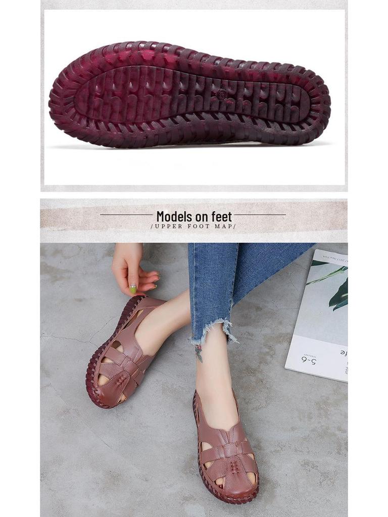 Damensandalen aus echtem Leder mit geschlossener Spitze – bequeme, rutschfeste Ballerinas für Mütter mittleren Alters und ältere Mütter, Sommerstil