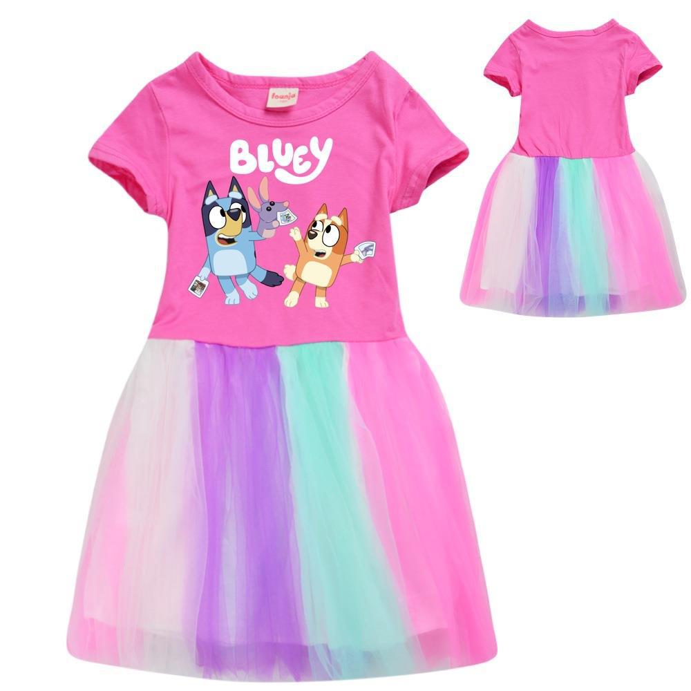 Girls Fashionable Rainbow Lace Cartoon Print Dress