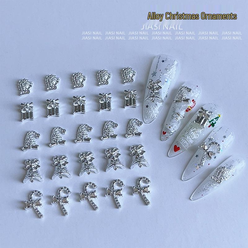 Silver Alloy Christmas Bow Nail Decorations: Light Luxury Styles with Snowflake & Bell Designs