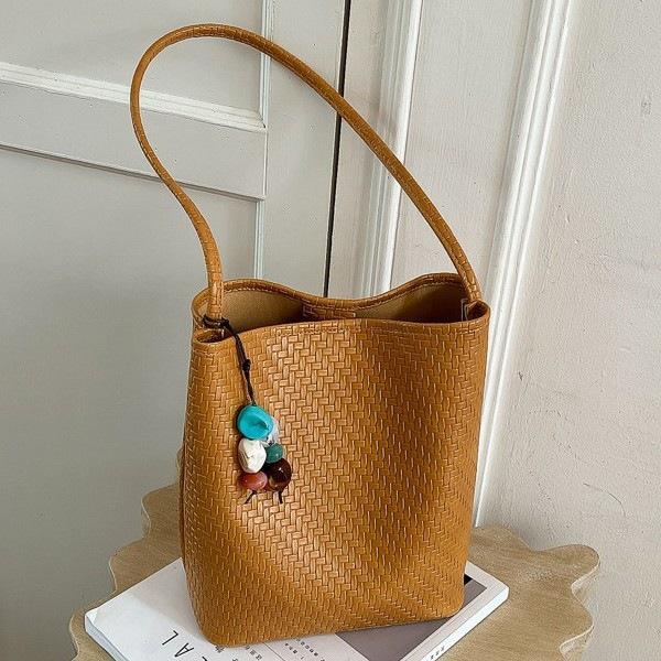 2026 Summer Korean Minimalist Woven Texture Bucket Bag - Large Capacity, Solid Color, Single Shoulder & Handheld