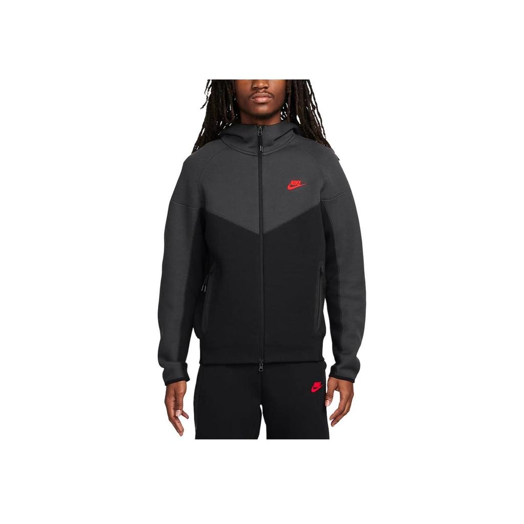 Nike Sportswear Tech Fleece Full-Length Zip Hooded Jacket Men Jackets Black Dark-Smoke-Grey Light-Deep-Red FB7922-013