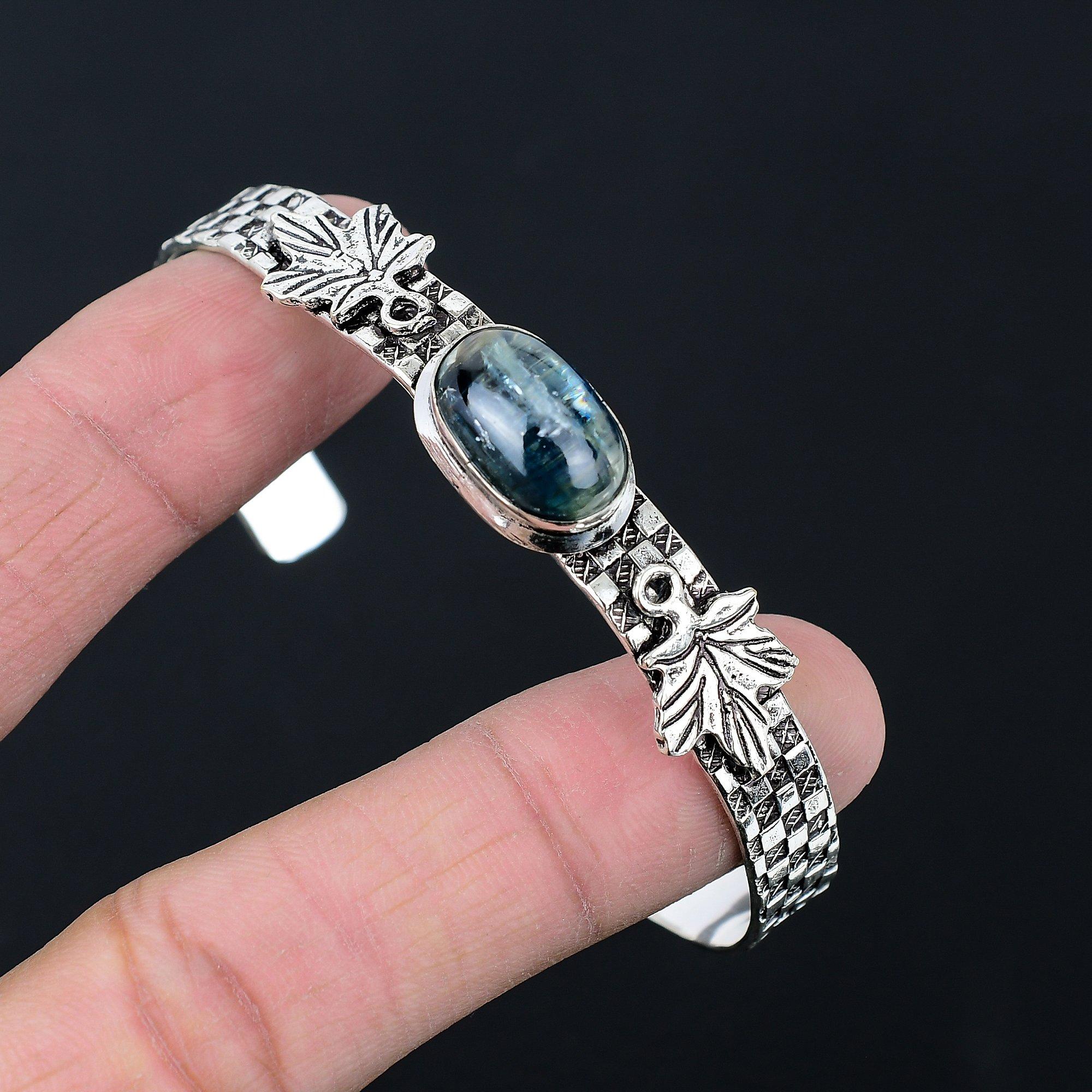 

Хэллоуинская распродажа Овальный кианит Камень Бохо Лист Горловая чакра Браслет Стерлинговое серебро Adjustable