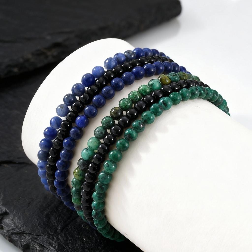 3pcs Green Natural Stone Beaded Bracelet for Men,5MM African Turquoise Stacked Elastic Bracelet,Trendy Male Jewelry Gift