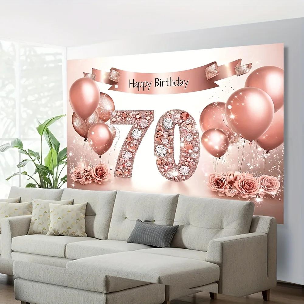 A Rose Gold 70th Birthday Banner with a Polyester Background Suitable for All Four Seasons, Home Decoration