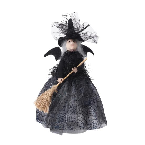 Halloween Witch Tree Topper Decoration Witch Holding Broom Ornament Witch with Mesh Spider