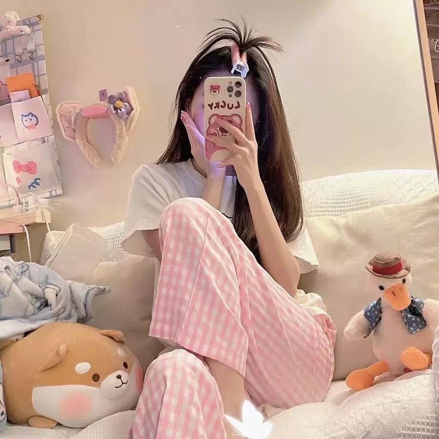 Dopamin Karomuster Weitbeinige Damen Hose - Frühling/Herbst, Hohe Taille, Gerades Bein, Lässig