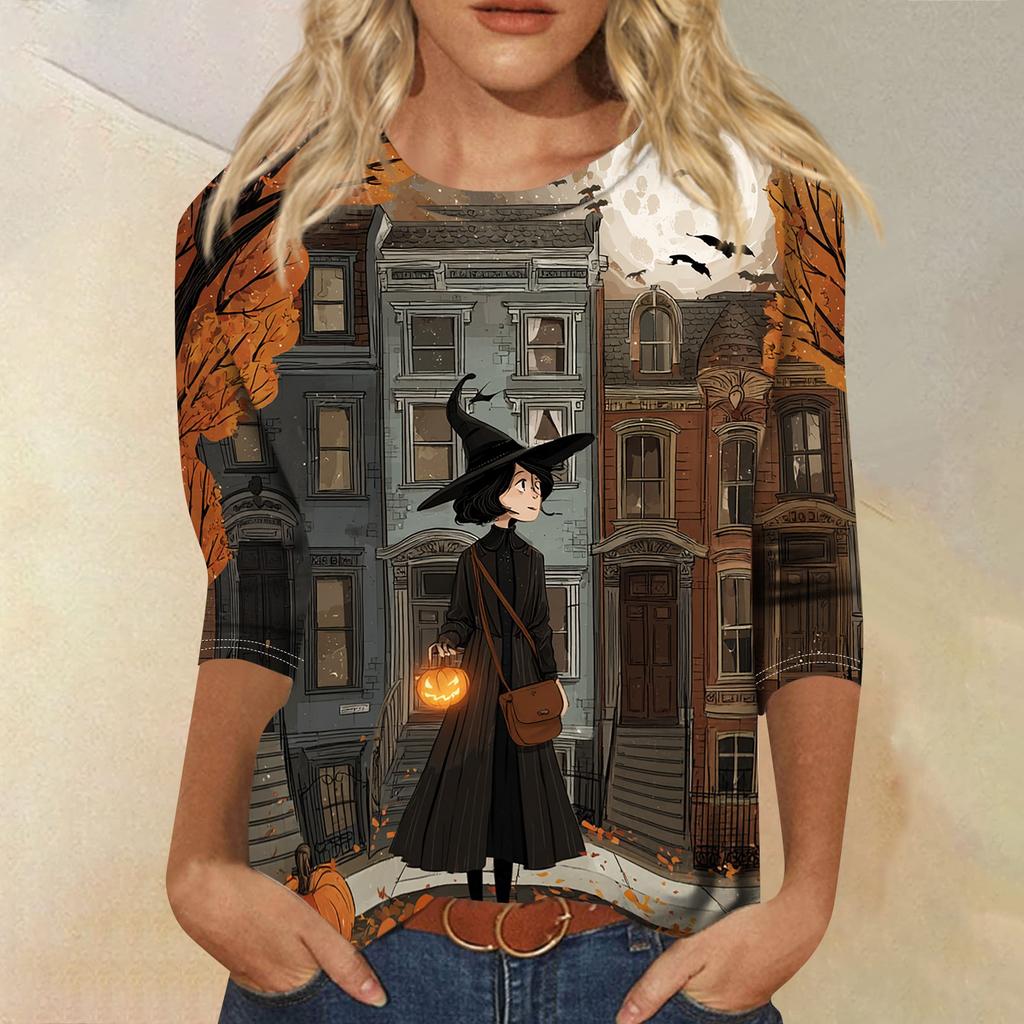 Women's Casual Crew Neck Three Quarter Sleeve Halloween Print T Shirt Top Lightweight Comfortable Fit for Everyday Wear