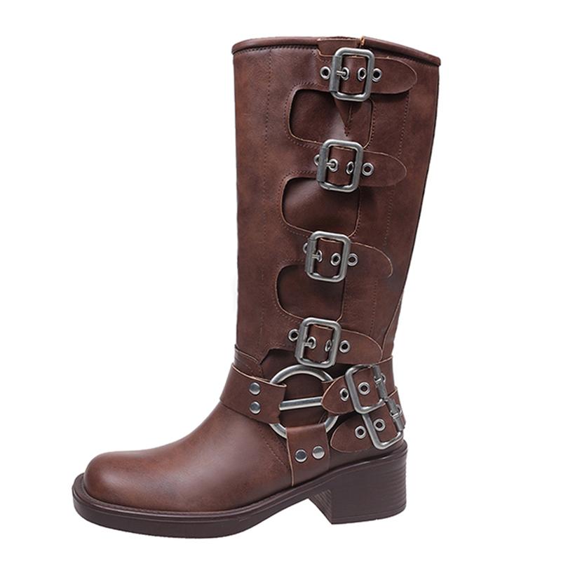 Fashion Fashion Metal Buckle Motorcycle Boots for Women Black PU Leather Chunky Heel Long Botas Mujer 2025 Autumn Winter Knee High Boots