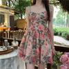Women's V-Neck Spaghetti Strap Floral Mini Dress High Waist Stretch Slim A-Line Short Sundress Elegant French Fairy Dress Summer Vacation Outfit