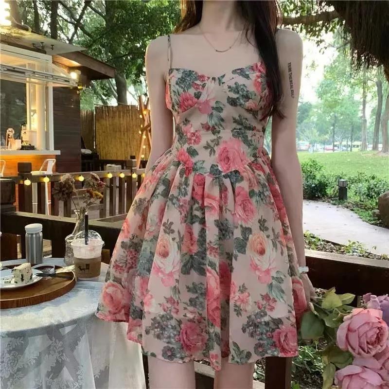 Women's V-Neck Spaghetti Strap Floral Mini Dress High Waist Stretch Slim A-Line Short Sundress Elegant French Fairy Dress Summer Vacation Outfit