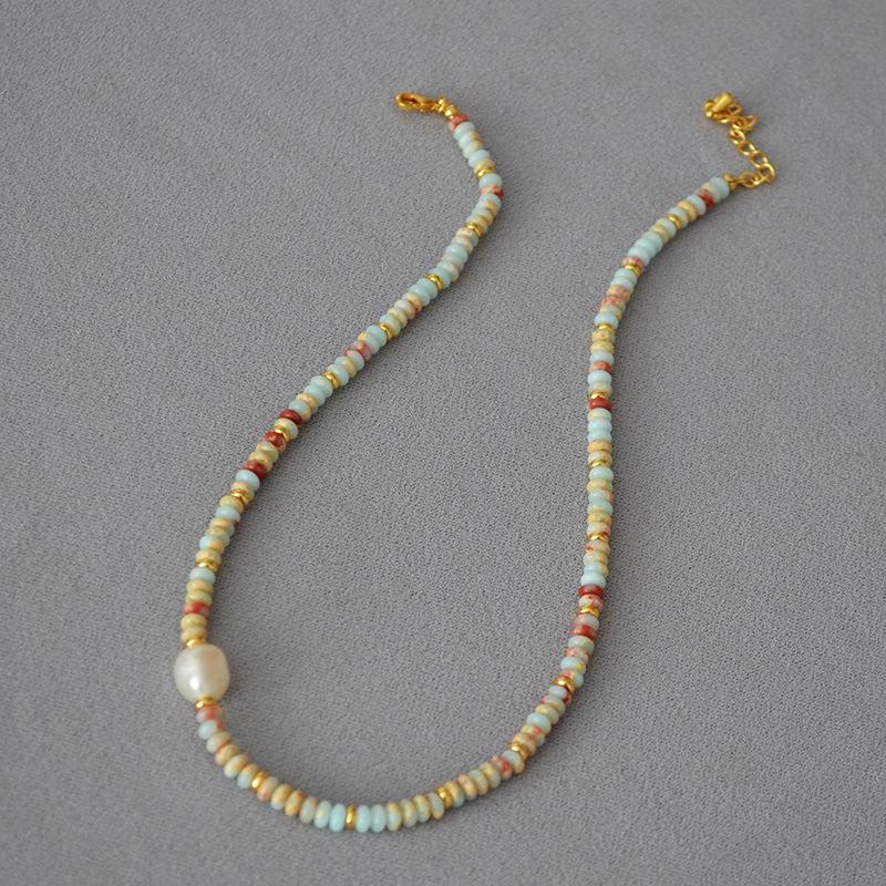 European and American Exotic Literary and Retro Ocean Vacation Wind Blue Pattern Stone Real Stone Beaded Necklace Temperament Woman