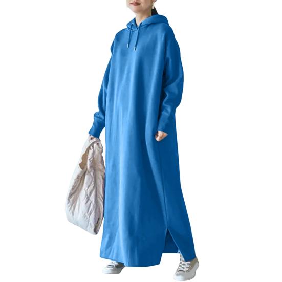 Kordelzug, lange Ärmel, seitlicher Schlitz am Saum, verdicktes Fleece-Futter, Sweatshirt-Kleid, Herbst-Winter, einfarbig, übergroßes, warmes Maxikleid mit Kapuze