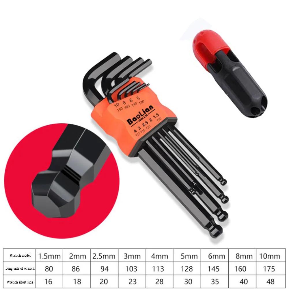 9Pcs Hex Wrench Set Allen Wrench Tool Square Wrench Torx Inner Hexagonal Long Ball End L Key 1.5 - 10mm With T-handle