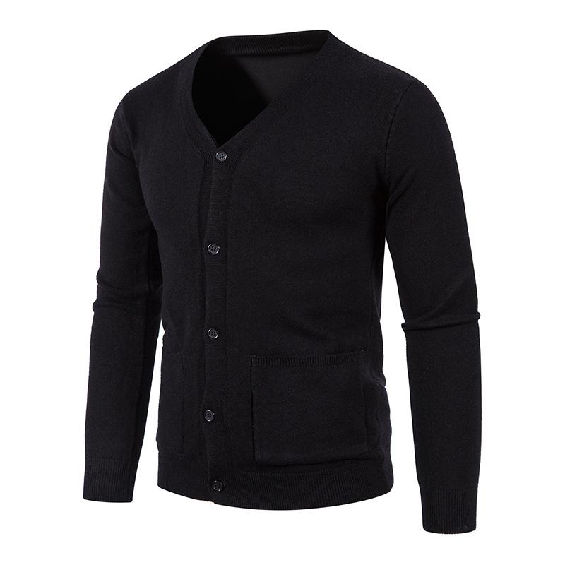 Nouveau Automne Hiver Cardigan Tricoté Coupe Slim Couleur Unie Mode Minimaliste Décontracté Polyvalent Col en V Poche Pull Vêtement d'Extérieur pour Homme
