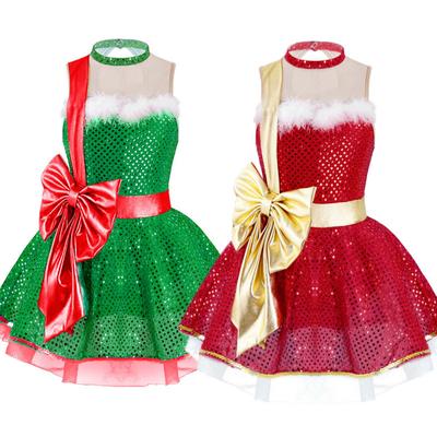 Mädchen Ballettkleid mit Pailletten und Schleife, ärmellos, mit Rock, Tango, Samba, Weihnachtstanz