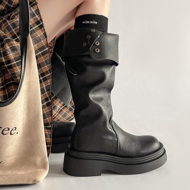 Retro folding platform retro boots women's season new fashion knight boots