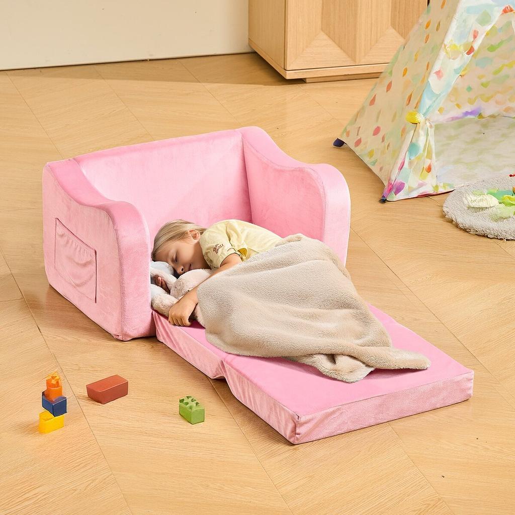 2-in-1 Kids Sofa, Foldable Toddler Soft Couch with Armrests, Made of 28D Sponge & Short Pile, Convertible Toddler Chair to Lounger, Kid Couch Fold Out