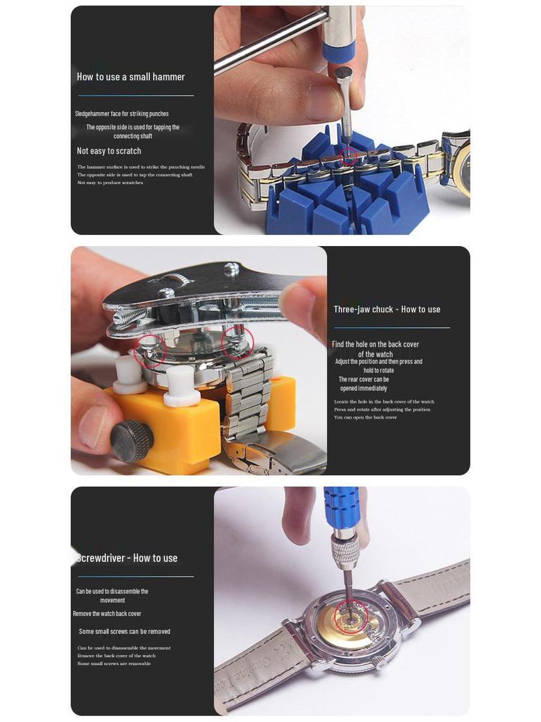 Watch Repair Tool Kit: Disassembly, Band Adjustment, Back Cover Opening, Battery Replacement