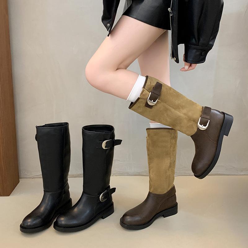 Pile Boots Women's Autumn and Winter New Knight Boots Belt Buckle Middle Tube Two Wear Martin Boots Thick Sole But Knee Boots
