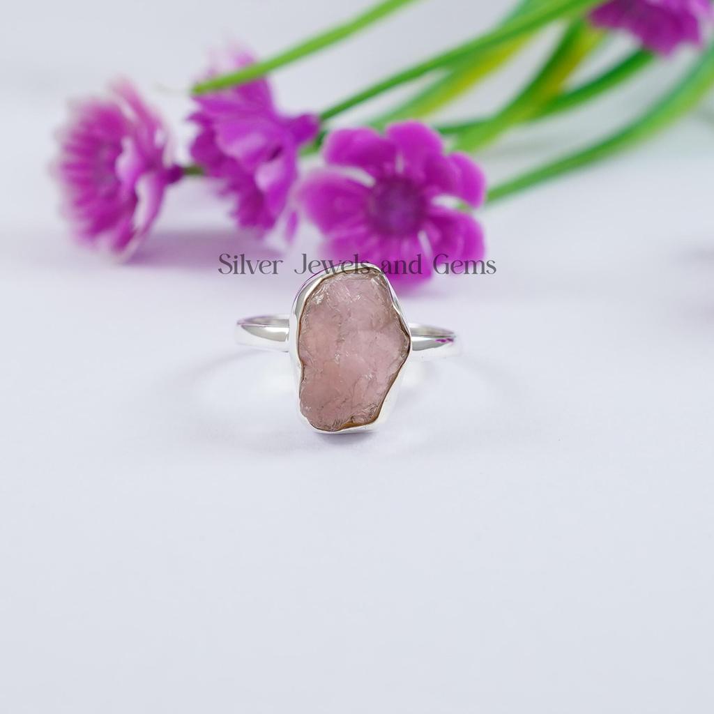 Natural Raw Rose Quartz Ring, Handmade 925 Sterling Silver Ring, Birthday Ring, Capricorn Birthstone, Pink Gemstone Ring