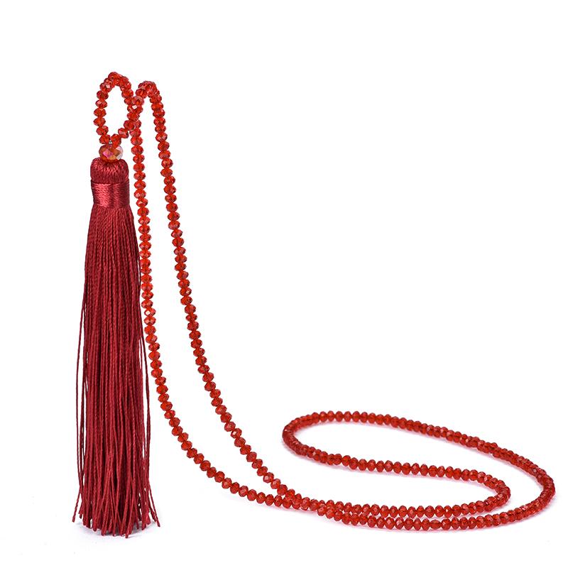 Fashion 14 Colors Long Fringe Silk Tassel Necklace Women Glass Bead Crystal Pendant Necklaces Statement Vintage Bohemian Jewelry