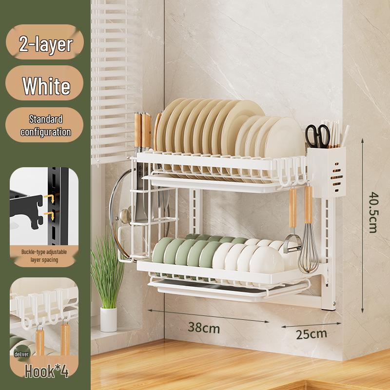 No-Punch Wall-Mounted Dish Drying Rack with Plate and Chopsticks Holder