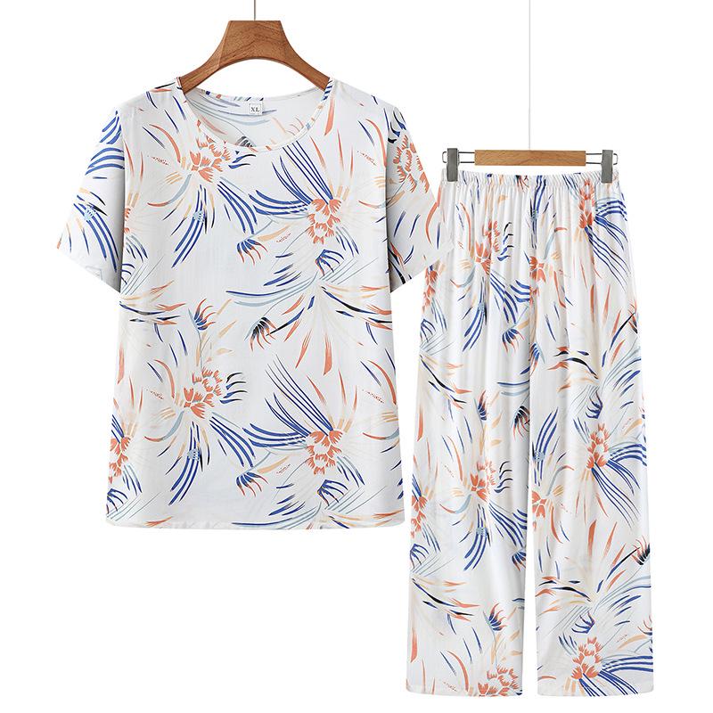 

Summer Short-Sleeve Two-Piece Pajama Set for Middle-Aged and Elderly Women, Casual Home or Outdoor Wear 2XL