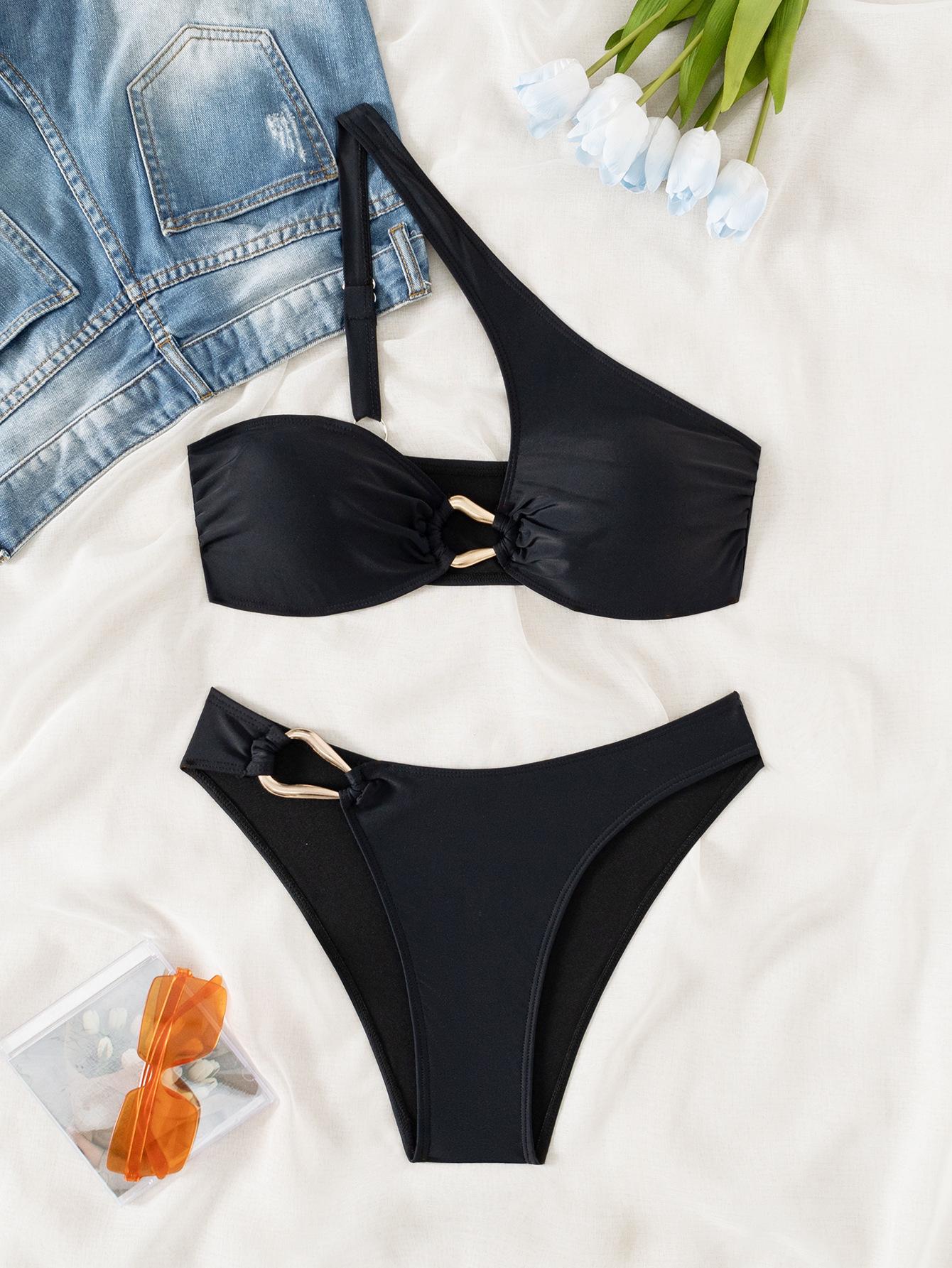 Solid One Shoulder Sexy Two Piece Low Waist Bikini Set Comfortable Elegant S