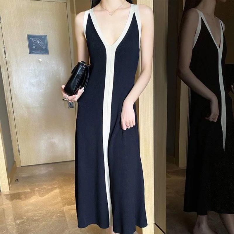 Contrast Knit Long Dress Women Sleeveless V-neck Slim Hip Package Female Dresses Casual Single Breasted Elegant Lady Robe