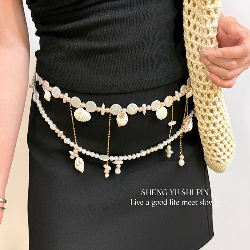 Seaside vacation style pearl shell conch tassel waist chain, casual vacation style, unique belt accessory with a high-end feel