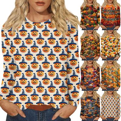 Suéter informal de manga larga con cuello redondo y estampado de Halloween para mujer