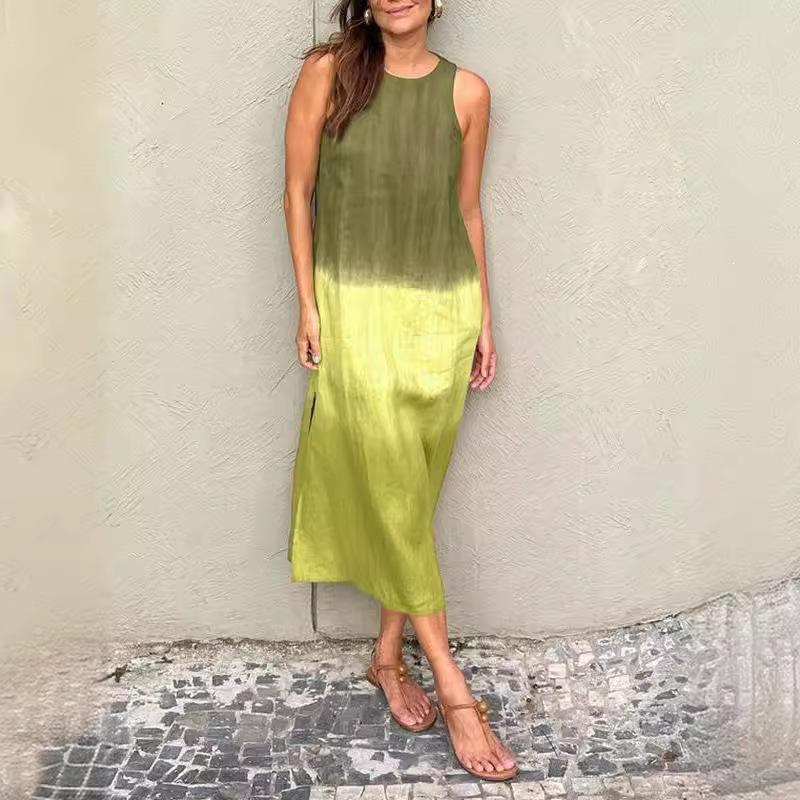 European and American summer cotton and linen round neck sleeveless gradual change dress casual women color matching straight slit