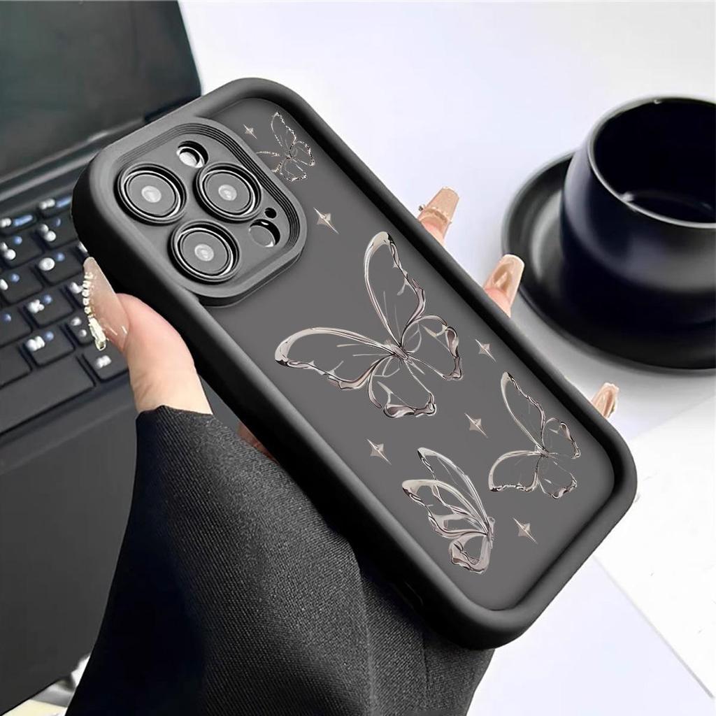 Silver Butterfly Cross Diamond iPhone 15/16/17 Case with Sand Staircase and Black Groove Design